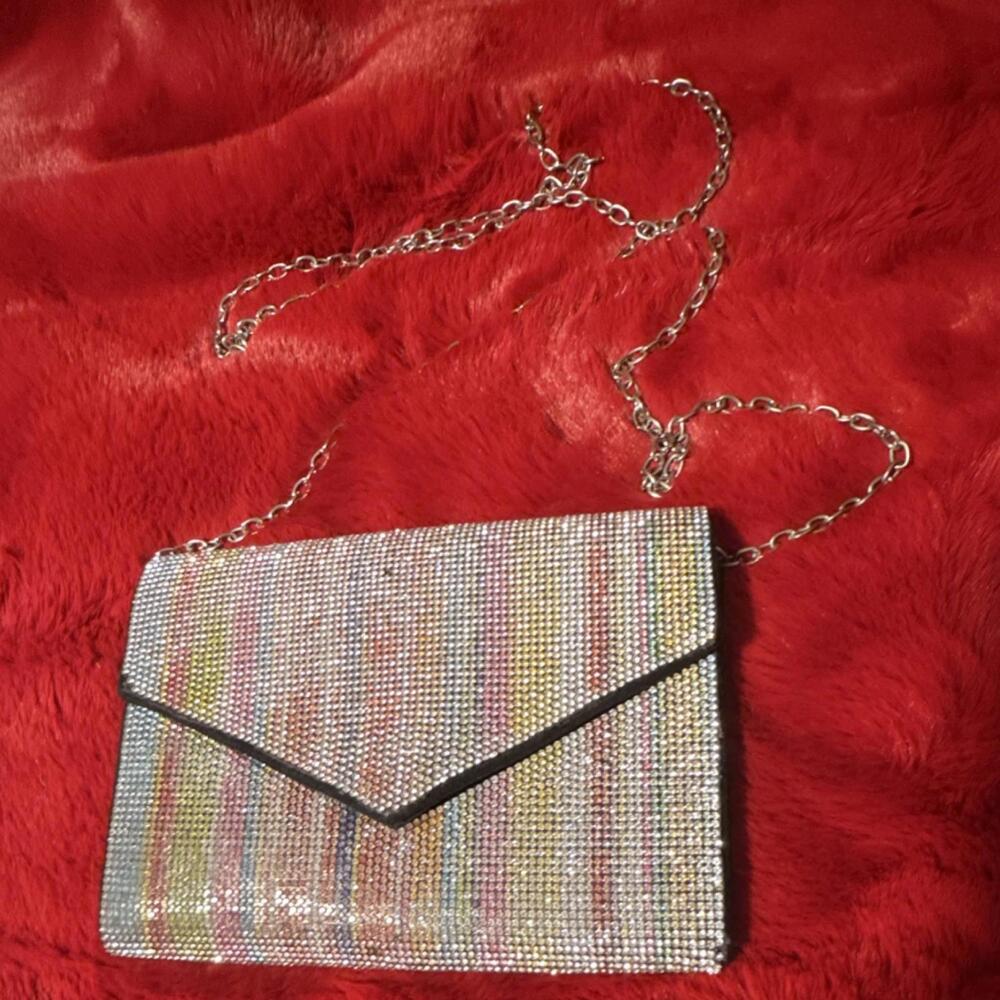 Crystal Rhinestone Envelope Clutch Bag Chain Strap Multicolor Metallic Party
